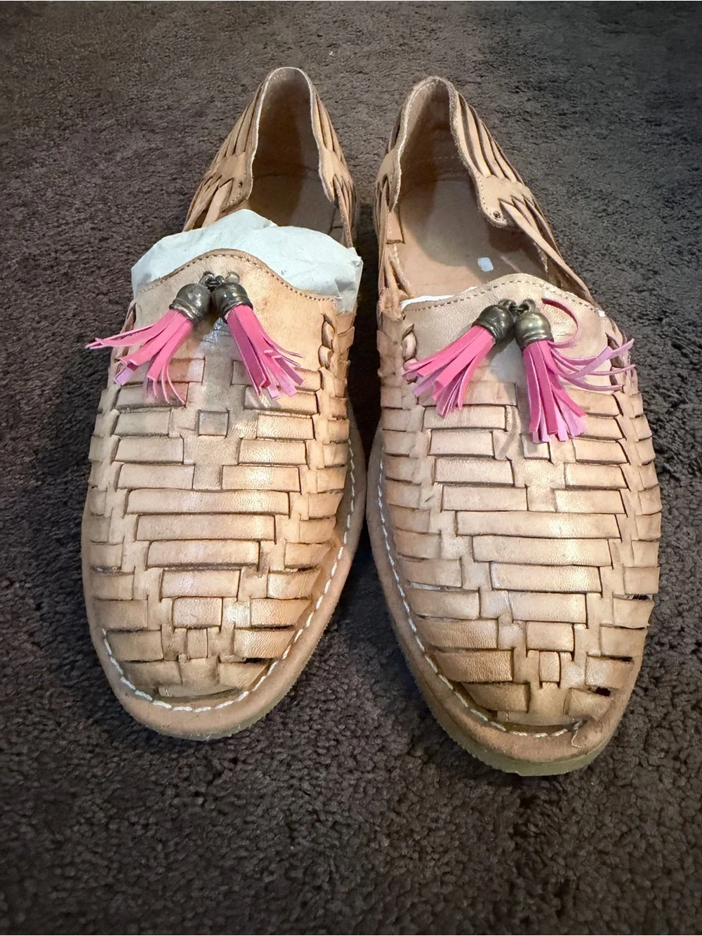Woven Leather Tassel Loafers - Tan with Pink Tassels